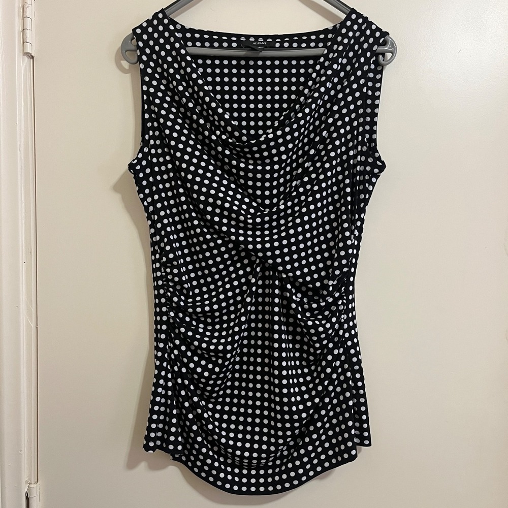 Alfani Women Sleeveless Polka Dot Top Medium Cowl Neck Ruched Pin Up Work Casual